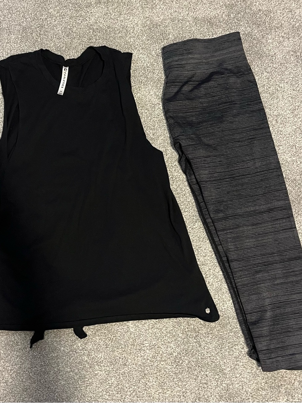 Fabletics Open back top and Capri Leggings in Charcoal Heather M